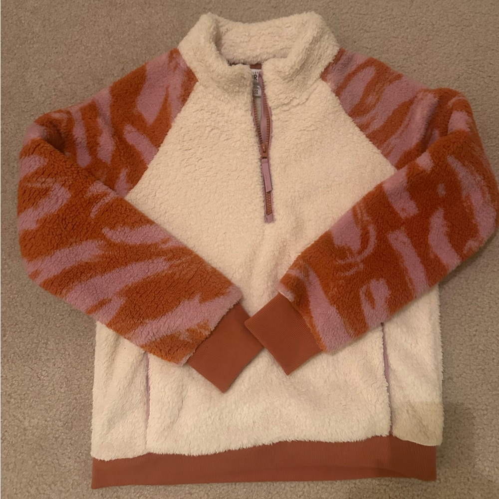 Athleta Girl So Snug Sherpa Printed Half Zip Sweatshirt Orange Ivory Size XL/14